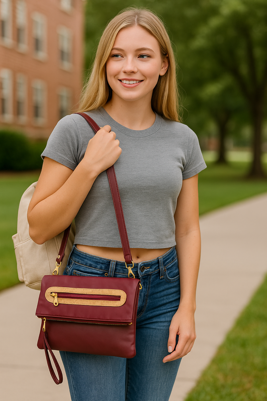 Fold-Over Clutch Crossbody – Burgundy & Gold